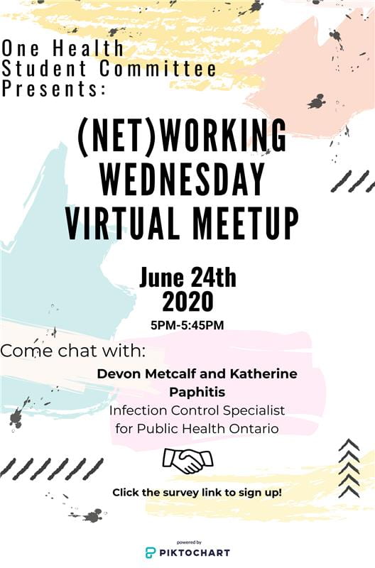 Poster text: "One Health Student Committee presents: Networking Wednesday Virtual Meetup June 24th, 2020, 5-5:45pm. Come chat with: Devon Metcalfe and Katharine Paphitis, infection Control specialist for Public Health Ontario. Image of hands shaking. Click the survey link to sign up."
