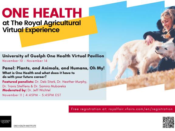 Banner announcing "One Health at the Royal Agricultural Virtual Experience University of Guelph One Health Virtual Pavilion November 10 - November 14 Panel: Plants, and Animals, and Humans, Oh My! What is One Health and what does it have to do with your future career? Featured panelists: Dr. Deb Stark, Dr. Heather Murphy, Dr. Travis Steffens & Dr. Samira Mubareka Moderated by: Dr. Jeff Wichtel November 11: 4:45PM-5:45PM EST Free registration at: royalfair.vfairs.com/en/registration" with image of person petting a Golden Retriever on a grassy hill and One Health Institute logo and QR code to access registration.