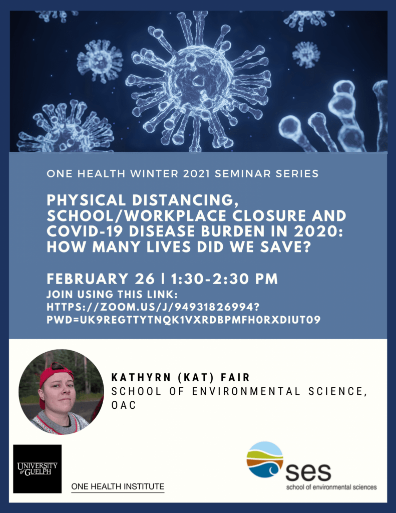 Poster with text. Image of Covid 19 virus as the top of the poster. Text reads:  One Health winter 2021 seminar series. Physical distancing, school/workplace closure and Covid-19 disease burden in 2020: how many lives did we save?