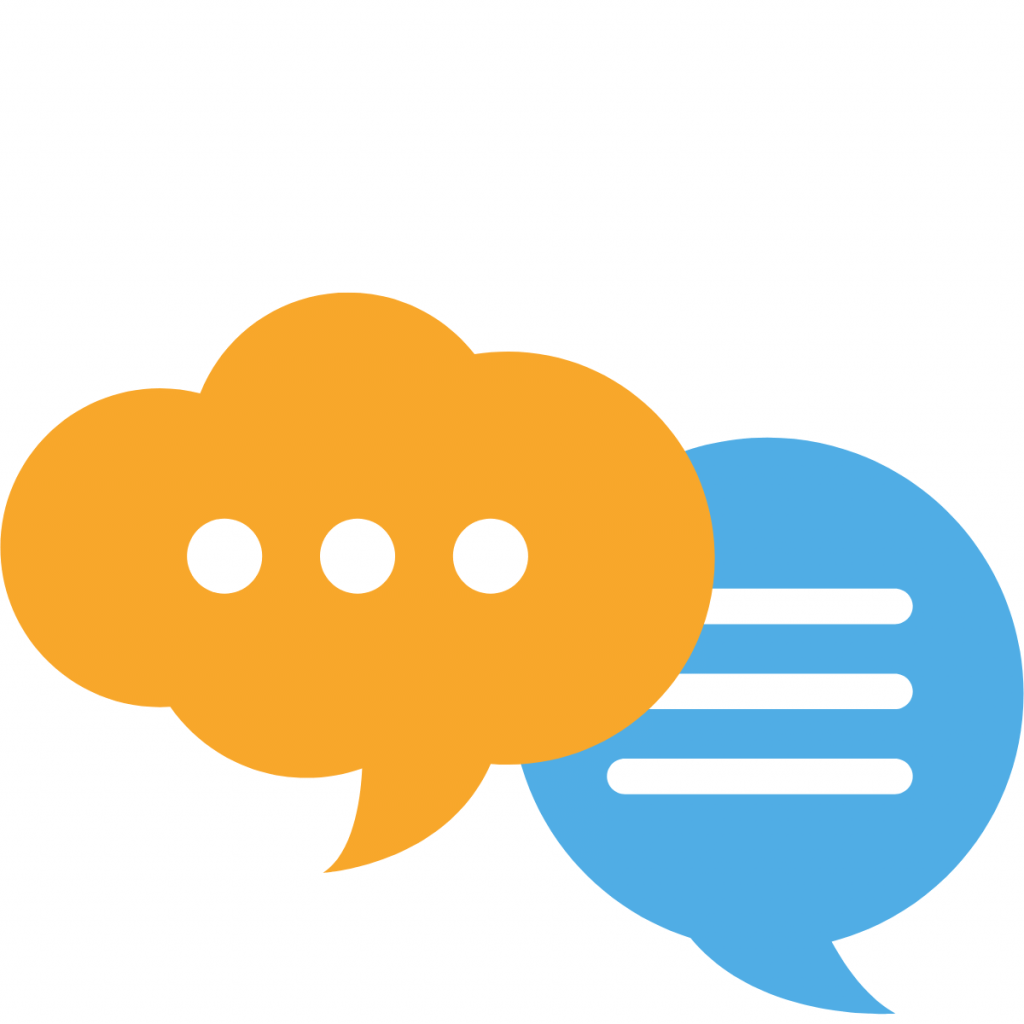 Graphic of an orange thought bubble and blue speech bubble.