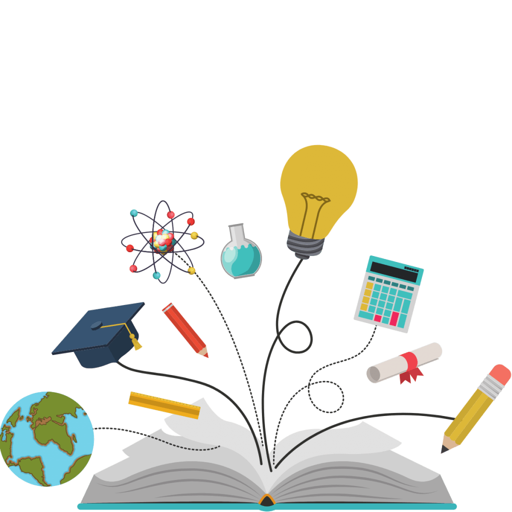Graphic of an open book with a globe, graduation cap, atom, lightbulb, calculator, degree and pencil coming out of it.