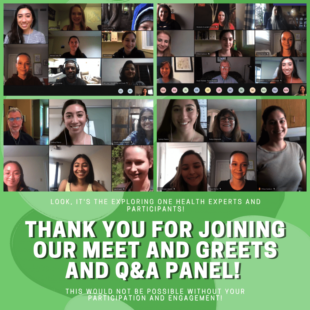 A collage of photos of experts and participants taking part in Exploring One Health in front of their computers. Text below the photos reads "Look, it's the Exploring One Health experts and particpants!" Additional text reads "Thank you for joining our meet and greets and Q&A panel!"