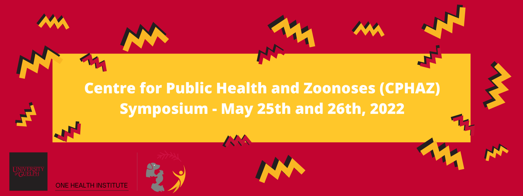 A red and yellow banner promoting the Centre for Public Health and Zoonoses Symposium, May 25-26.